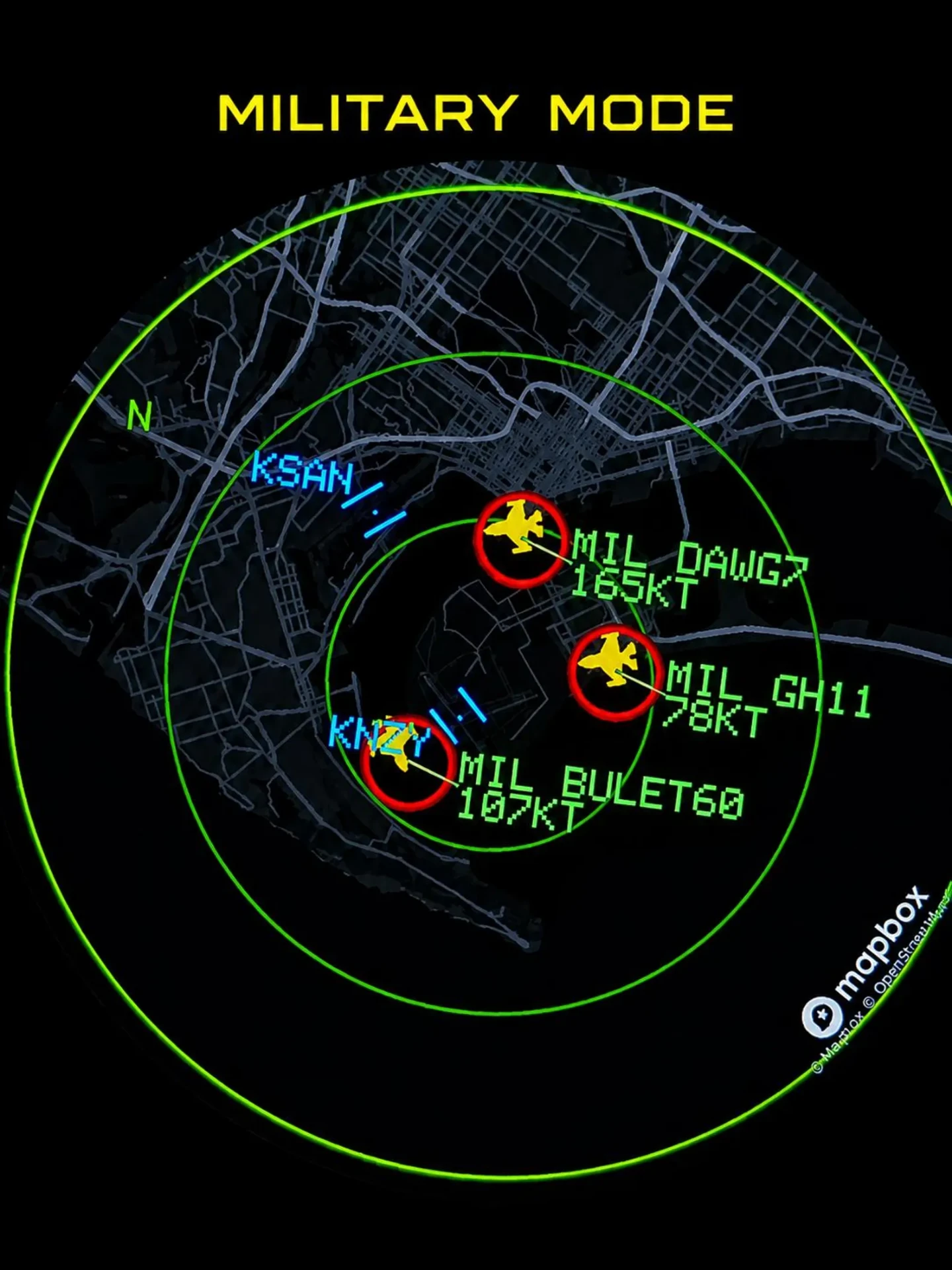 AeroDial Pro military mode showing highlighted military aircraft on the radar